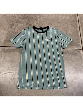 vintage huf blue and yellow striped small logo shirt size medium HAS HOLE